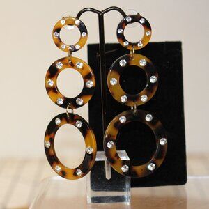 Acrylic Tortoise Earrings w/ Rhinestone Accents Triple Circle Dangle 3.5" Drop